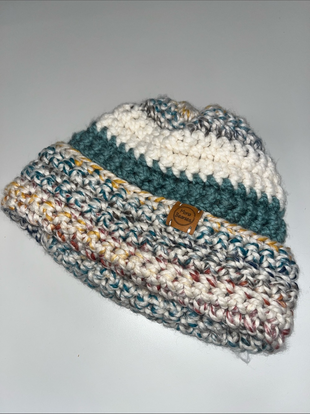Mona Beanies Chunky Knit Multicolor Beanie Hat - Teal & Cream